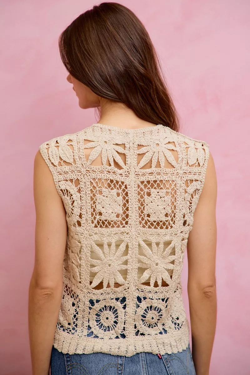 Back view of natural crochet sleeveless vest top with openwork square pattern