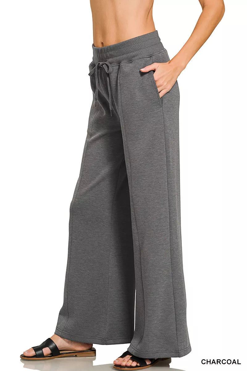 Charcoal wide-leg pants with drawstring waist and side pockets