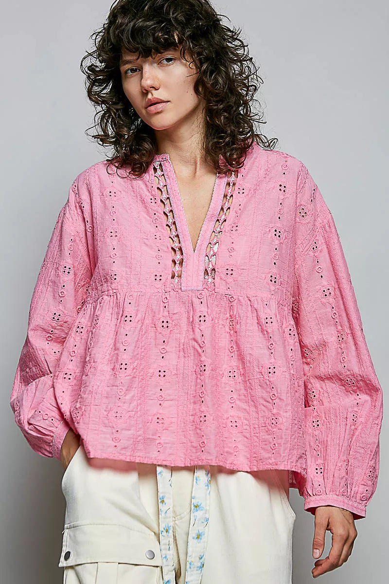 Pink eyelet lace blouse with split V neck placket and puff sleeves; gathered empire waist