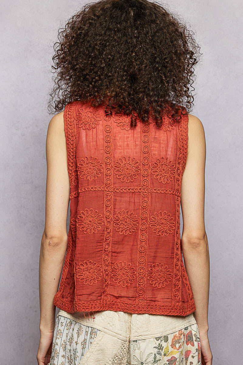 Rust orange knit sweater vest back view with buttoned upper and paneling