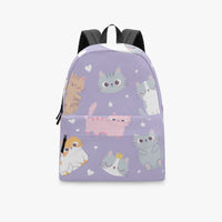 Kids purple kitten-print backpack with black top handle and adjustable shoulder straps