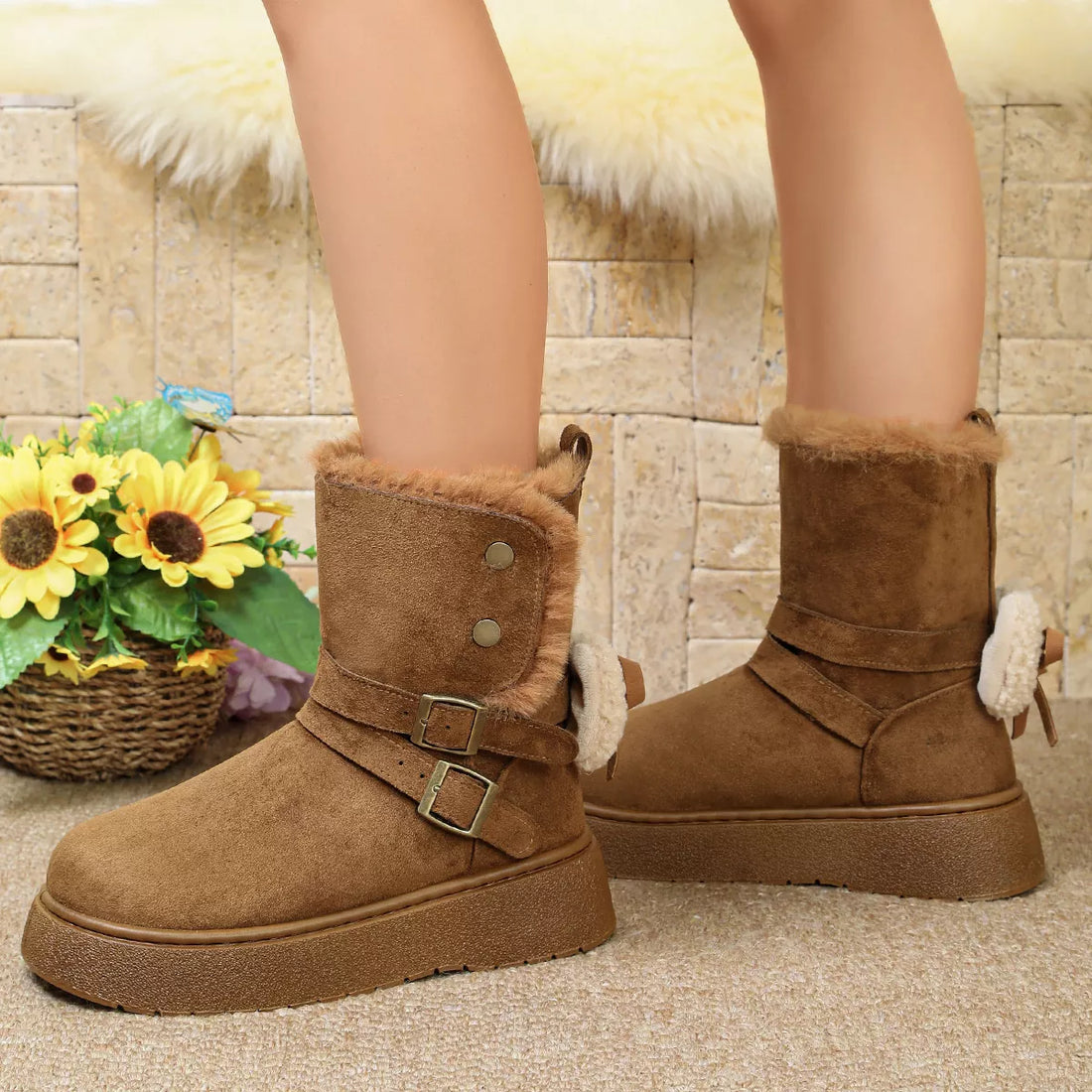 Camel round-toe platform boots with double buckles and fuzzy cuff trim
