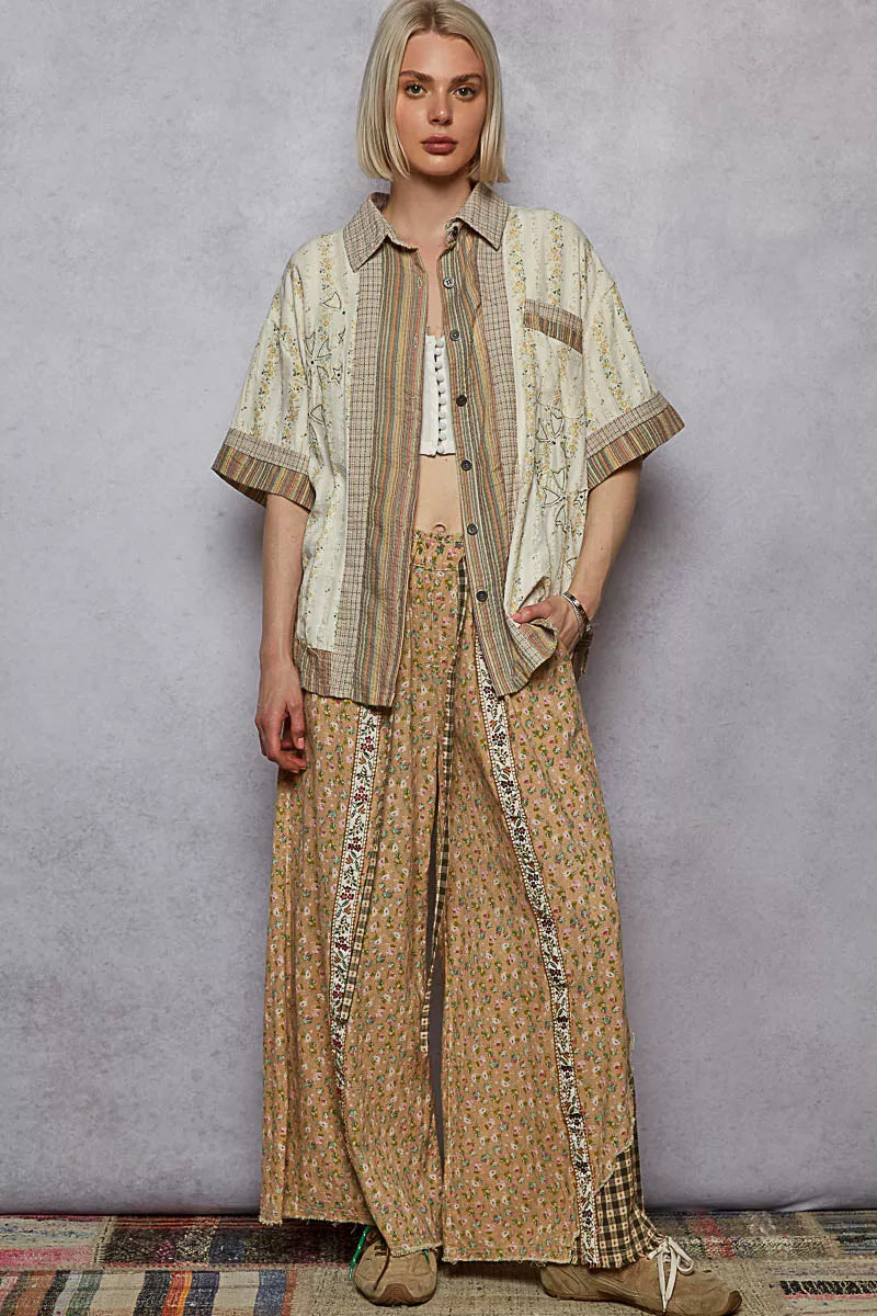Cream patchwork short-sleeve button-down shirt with vertical stripes and button placket