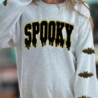 Gray Halloween sweatshirt with sequin 'SPOOKY' front and bat-pattern long sleeves