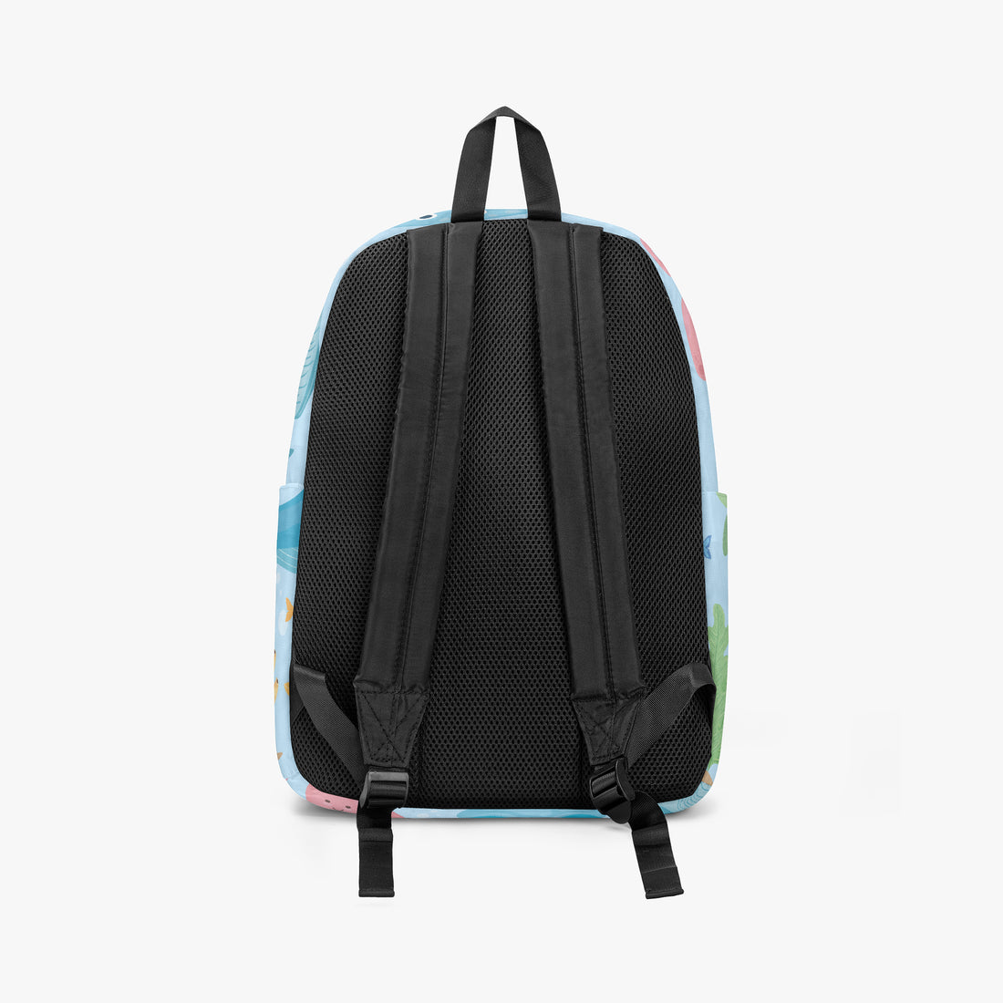 Kids canvas backpack back view with black padded mesh panel and adjustable straps.