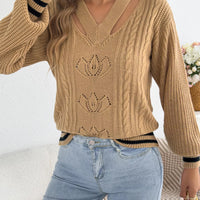 Camel cutout cable knit sweater, ribbed V-neck and striped sleeve cuffs