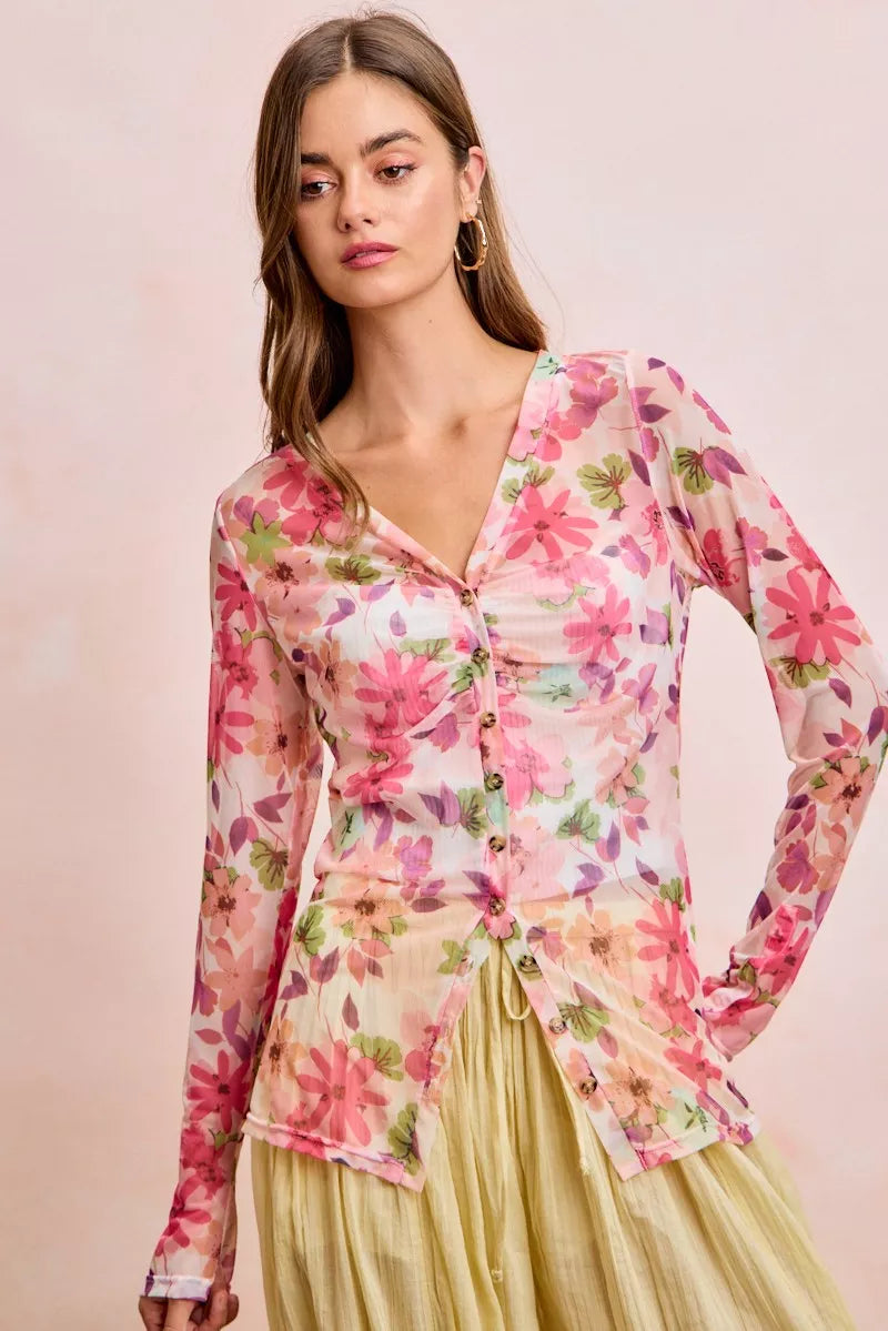 Pink floral mesh button-up cardigan top with V-neck, long sleeves, button front