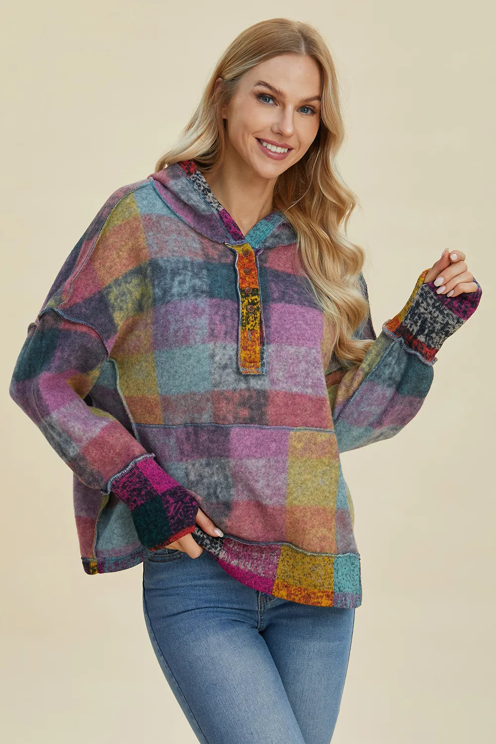 Multicolor plaid fleece hoodie with hood and quarter-zip placket, relaxed dropped shoulders