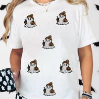 White short-sleeve t-shirt with multiple cartoon ghost dog patches front