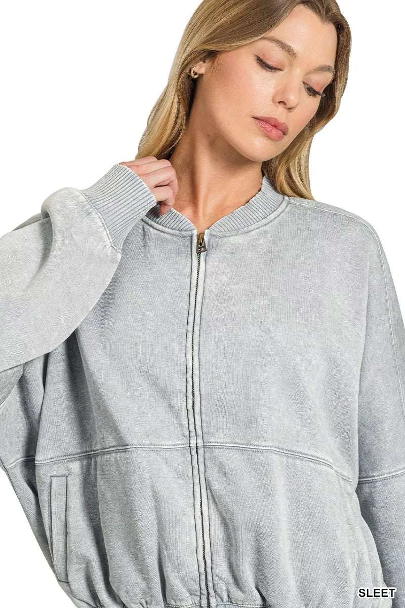 Acid-washed gray fleece full-zip jacket with ribbed cuffs and stand collar