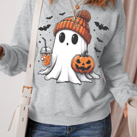 Gray long-sleeve crew sweatshirt with ghost, pumpkin jack-o’-lantern and bat graphic