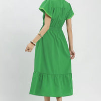 Kelly green midi dress, back view with flutter sleeves and tiered ruffle hem