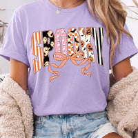 Lavender purple crew-neck T-shirt with Halloween letter graphic, front view
