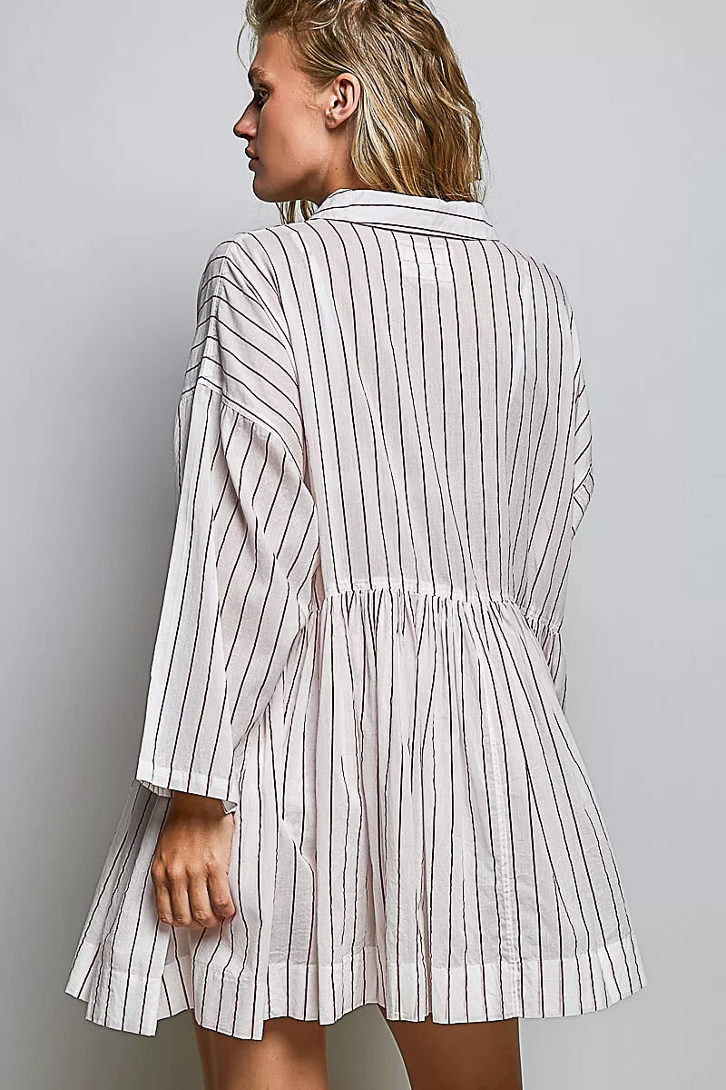Back view of striped woven shirt dress with gathered waist and long sleeves