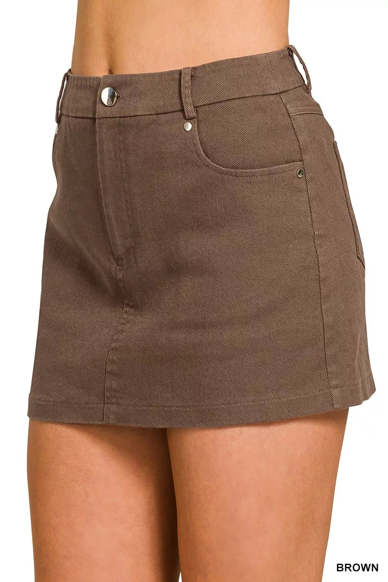 Brown cotton twill mini skirt with back seam details and button waistband