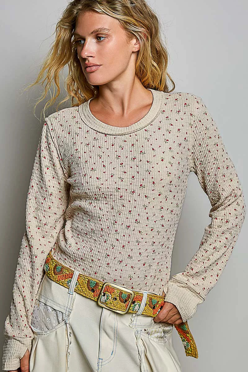 Latte ribbed knit crew neck long-sleeve top with scattered mini floral print