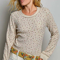 Latte ribbed knit crew neck long-sleeve top with scattered mini floral print