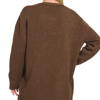 Back view of chocolate-brown open-front knit cardigan with long sleeves