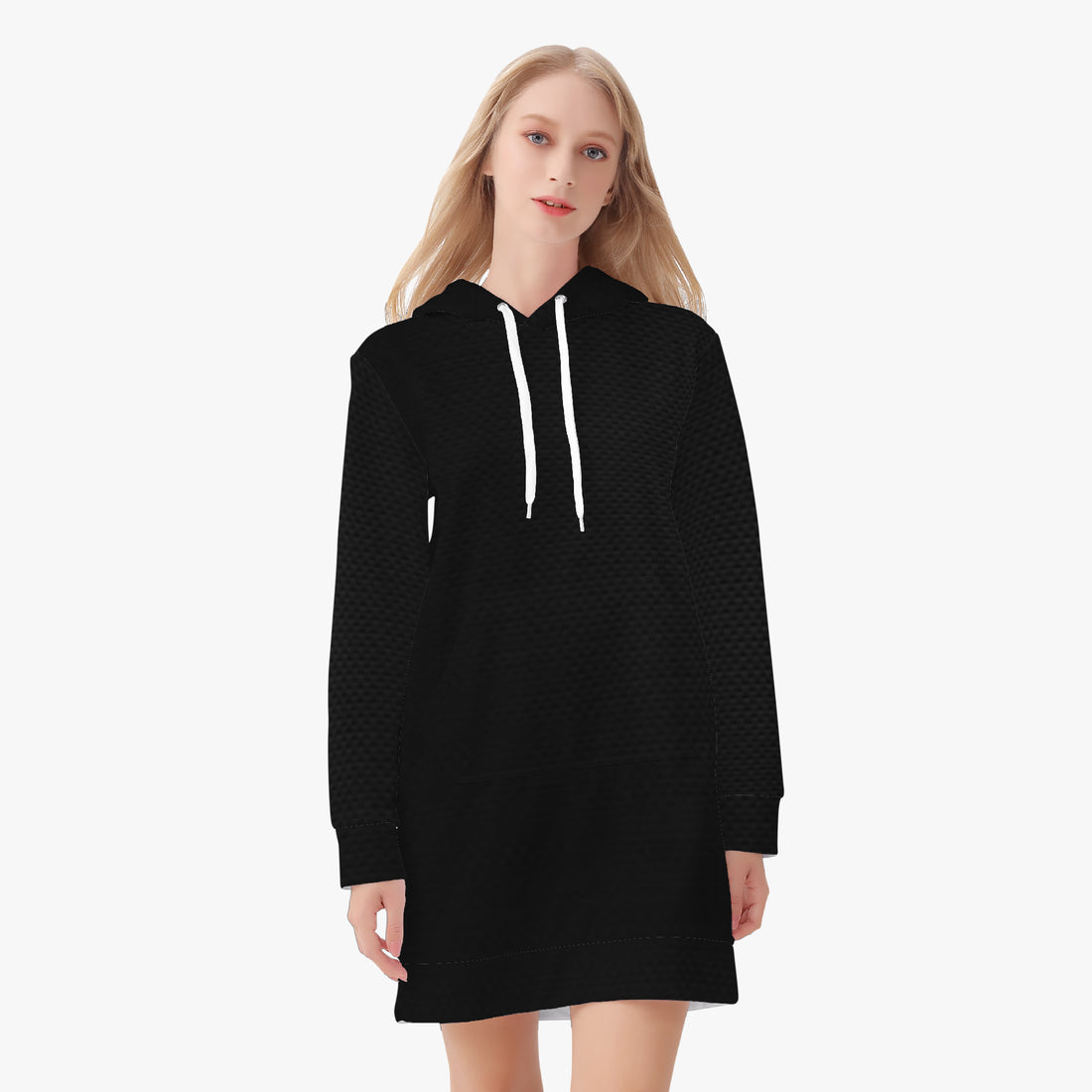 Black women’s hoodie dress with hood, white drawstring, long sleeves, front pocket