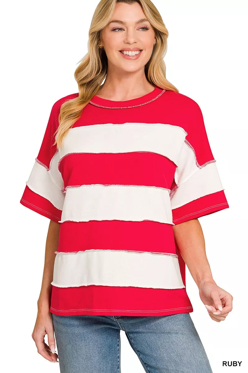 RUBY striped french terry top with exposed seams, crew neck, short sleeves