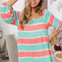Striped woven balloon-sleeve top in coral and teal stripes, scoop neckline