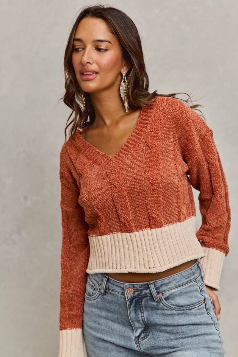 Rust chenille V-neck cropped sweater with cream contrast hem band