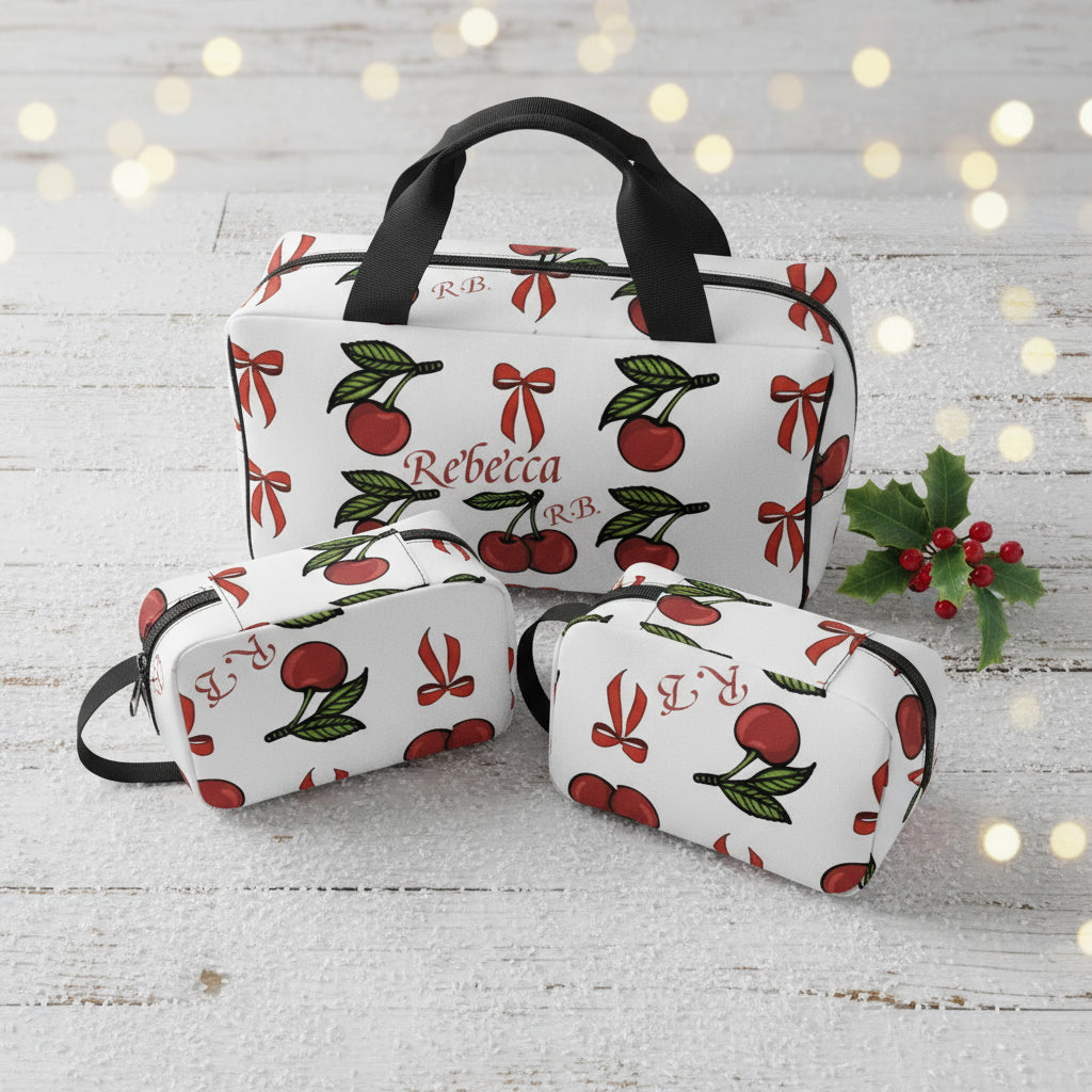 Monogrammed Cosmetic Bag Set | Personalized White & Red Cherry Trio