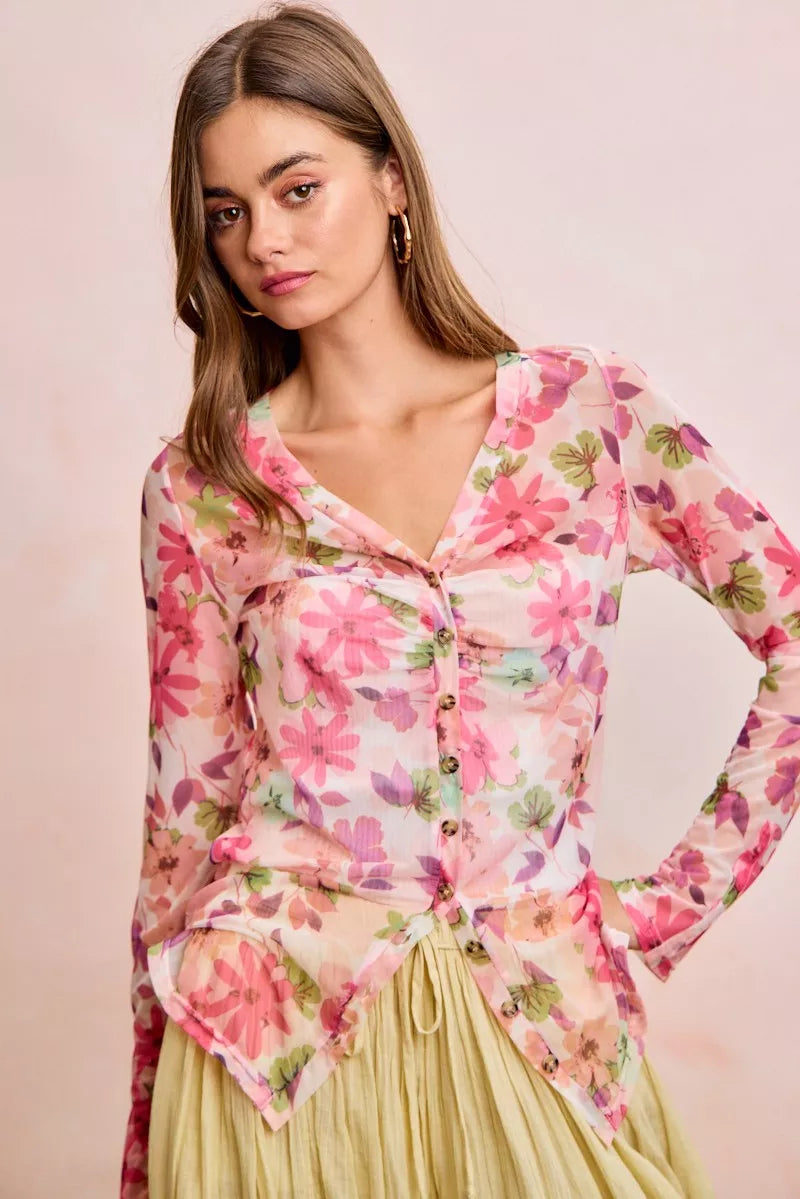 Floral mesh button-up cardigan top with pink floral print, V-neck, button front, long sleeves