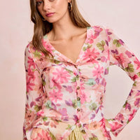 Floral mesh button-up cardigan top with pink floral print, V-neck, button front, long sleeves