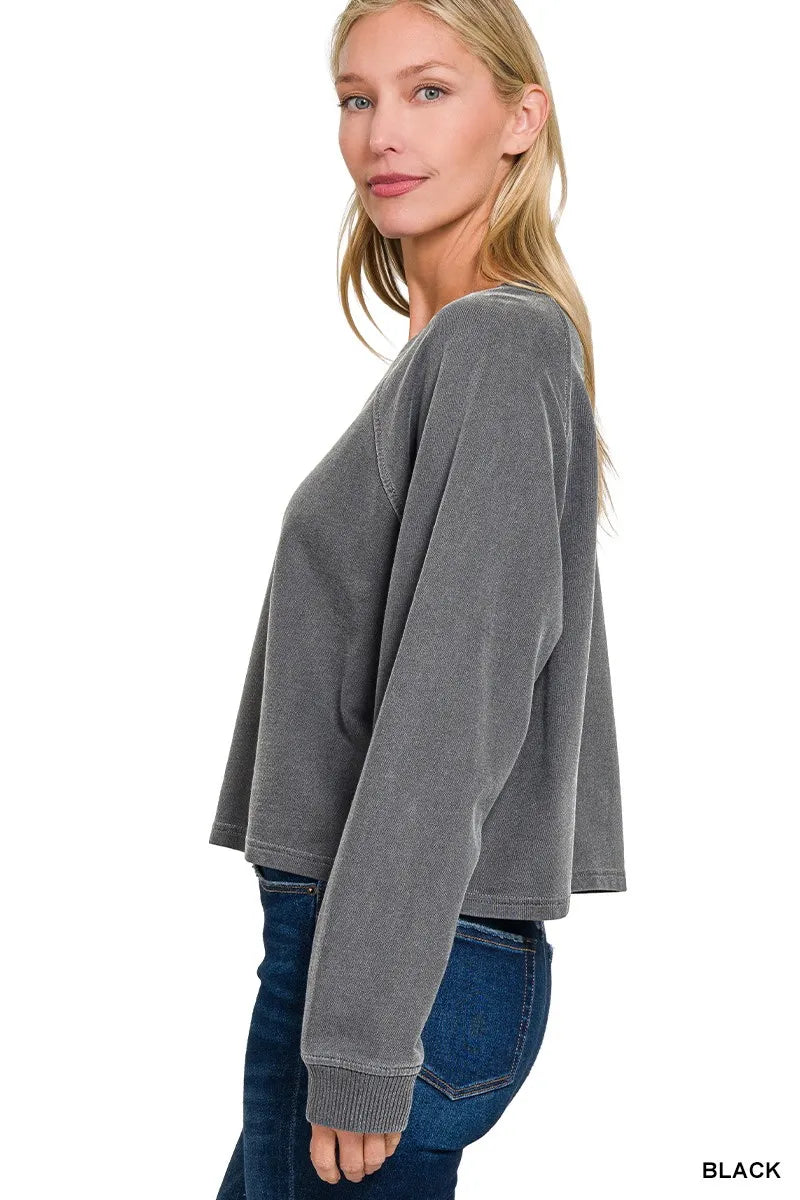 Dark gray long-sleeve pullover, side profile
