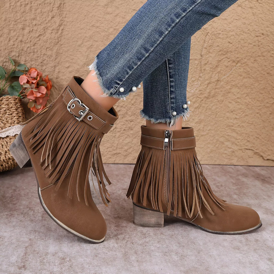 Dark brown suede fringe ankle boots with buckle strap and block heel