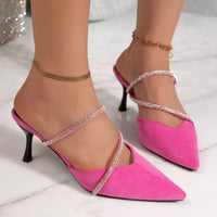 Pink point-toe kitten heel sandals with rhinestone T-strap and ankle straps