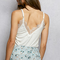 Off-white lace-trim V-neck ribbed cami with adjustable spaghetti straps