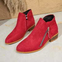 Red suede point-toe block heeled ankle boots with side zipper and wood-look heel
