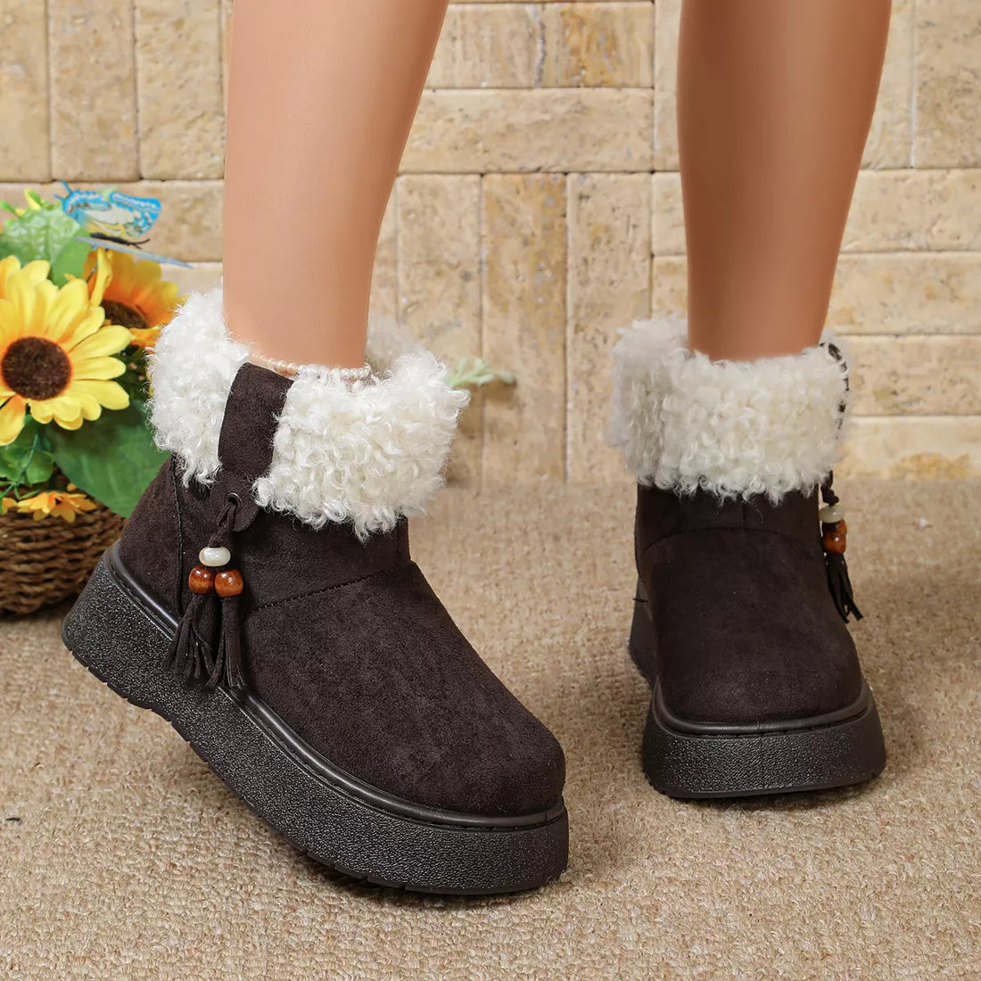 Faux fur lined ankle boots, round toe, dark gray suede with white fuzzy cuffs and tassel charm