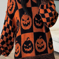 Orange and black pumpkin-pattern knit sweater, round neck, long sleeves, exposed seam