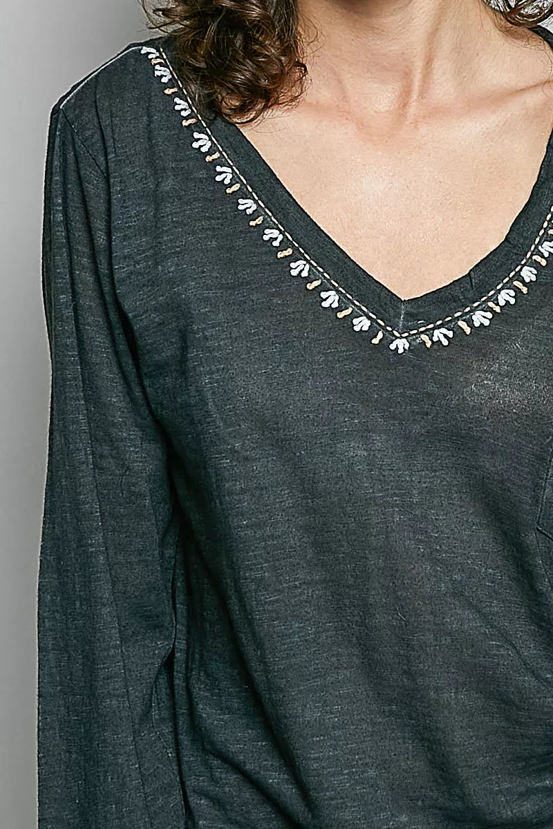 Close-up: dark green knit V-neck with contrast decorative trim