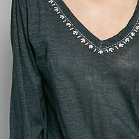 Close-up: dark green knit V-neck with contrast decorative trim