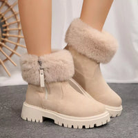Off-white suede-look ankle boots with faux fur cuffs, side-zip, chunky platform sole