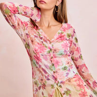 Floral mesh cardigan top with V-neck, button front, and shirred detail in pink multi