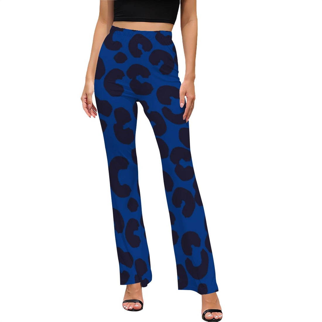 Blue Leopard Print High Waist Flared Pants Animal Print Statement Trousers