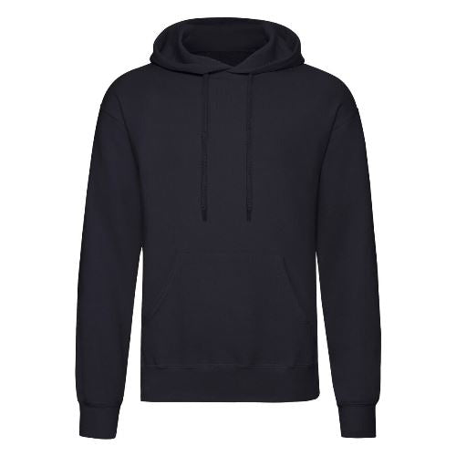 Navy pullover hoodie with drawstring hood and front kangaroo pocket