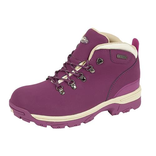 Purple waterproof walking boot with cream trim and metal lace hooks