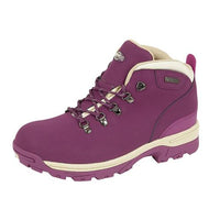 Purple waterproof walking boot with cream trim and metal lace hooks