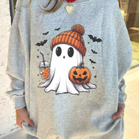 Reversible light gray mock neck tunic sweatshirt with ghost, orange pumpkin face, and bats graphic
