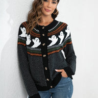 Black ghost-pattern button-up cardigan sweater with long sleeves and V-neck trim