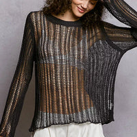 Charcoal openwork knit cover up, round neck, long sleeves