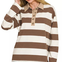 Brown and cream striped polo tee with contrast collar and button placket