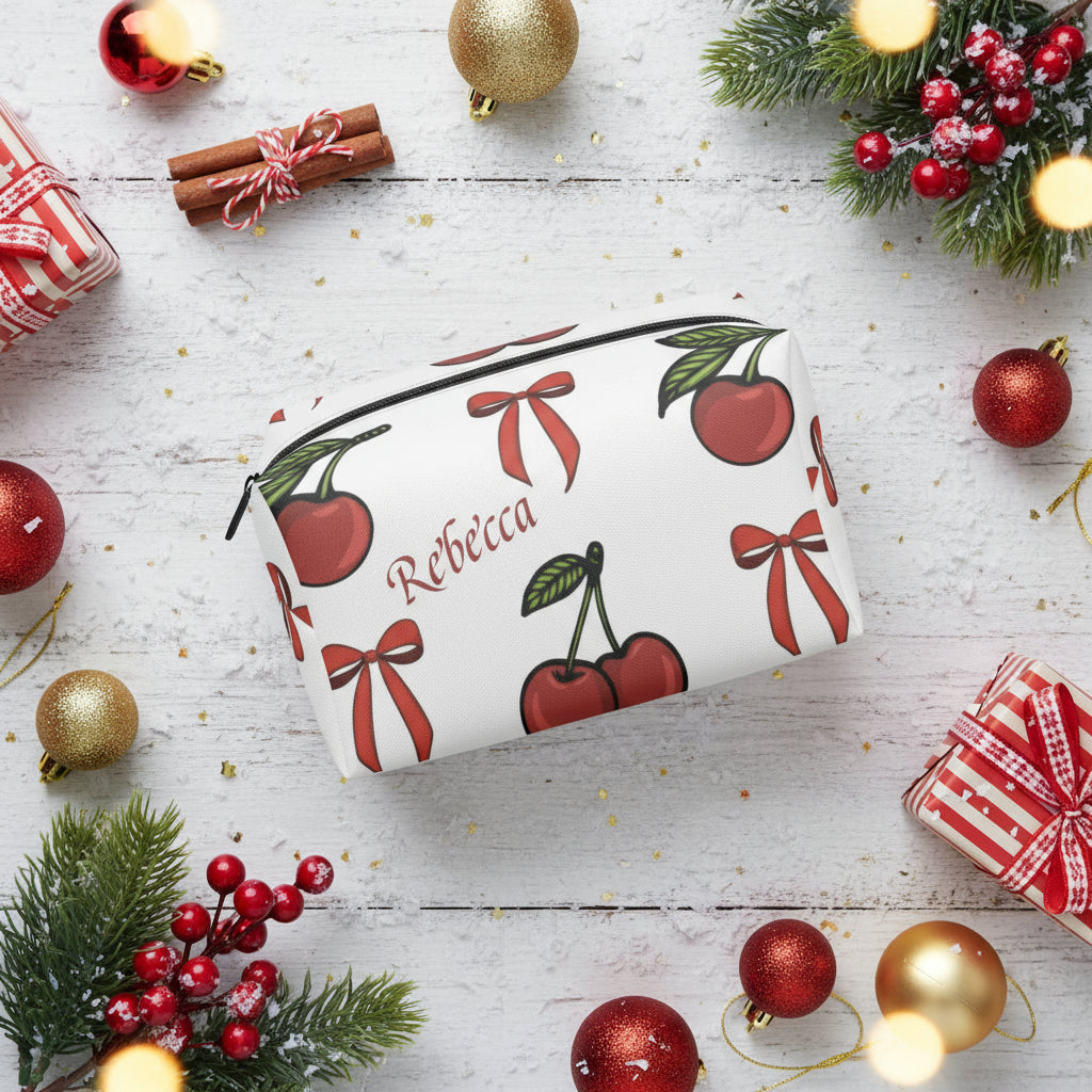 Makeup Bag Bow | Personalized White Cherry & Red Bow Cosmetic Case