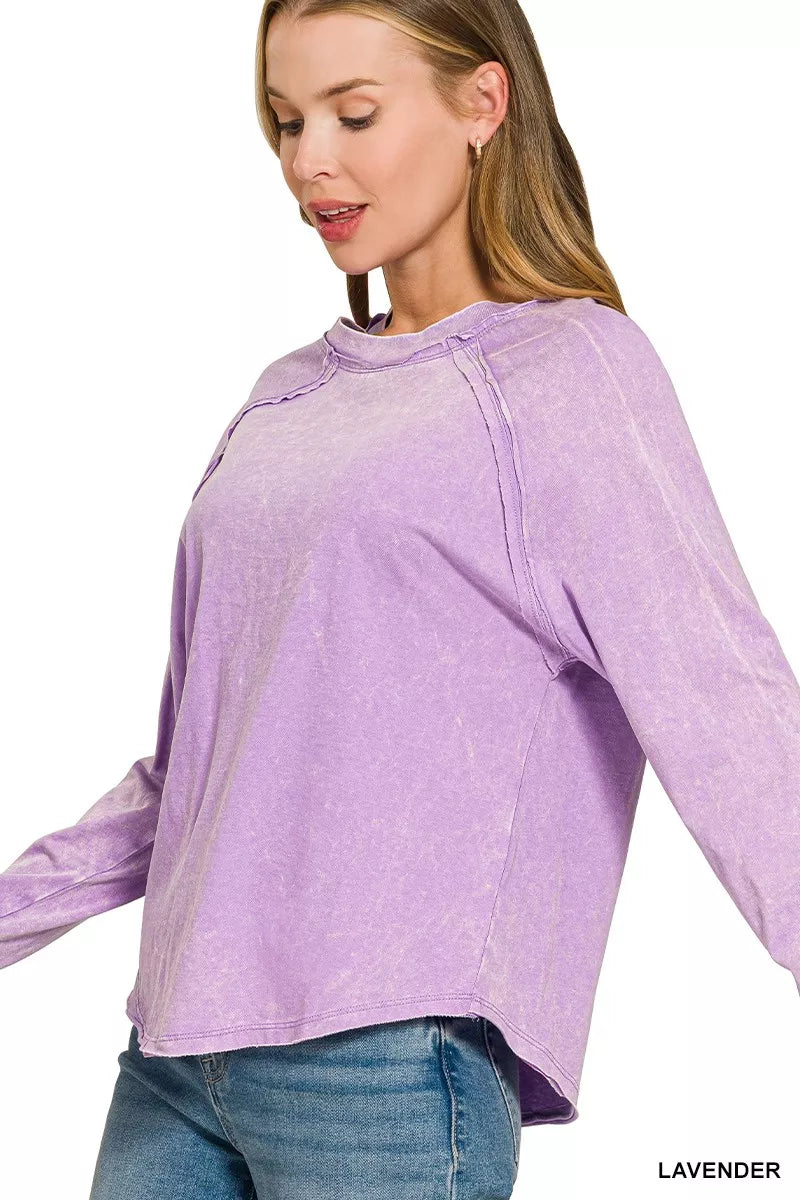 Lavender washed round-neck long-sleeve top with curved hem